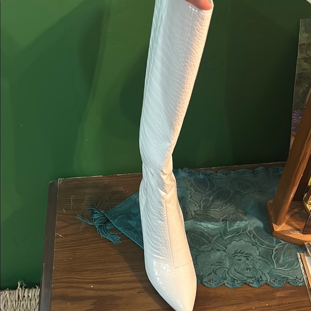 White Croc-Embossed Knee-High Boots